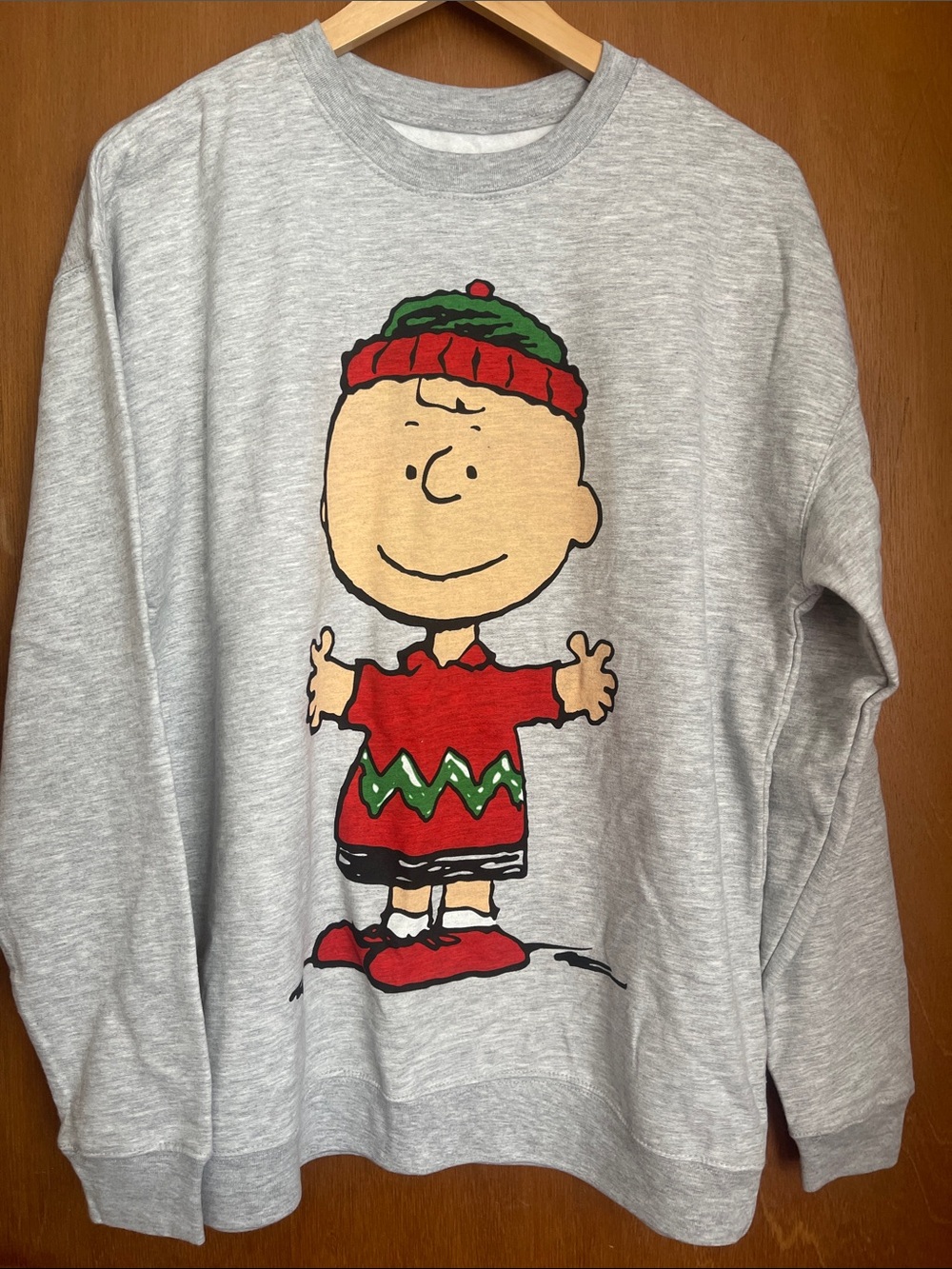 Peanuts Gray Crewneck with Red & Green Charlie Brown Graphic
